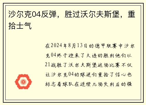 沙尔克04反弹，胜过沃尔夫斯堡，重拾士气